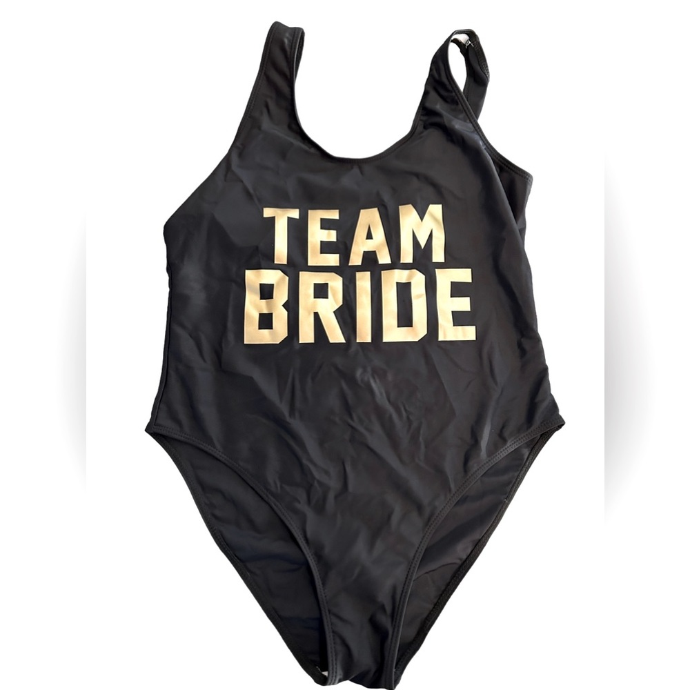 TEAM BRIDE one piece swimsuit high cut U back black & gold swimwear XL NWT